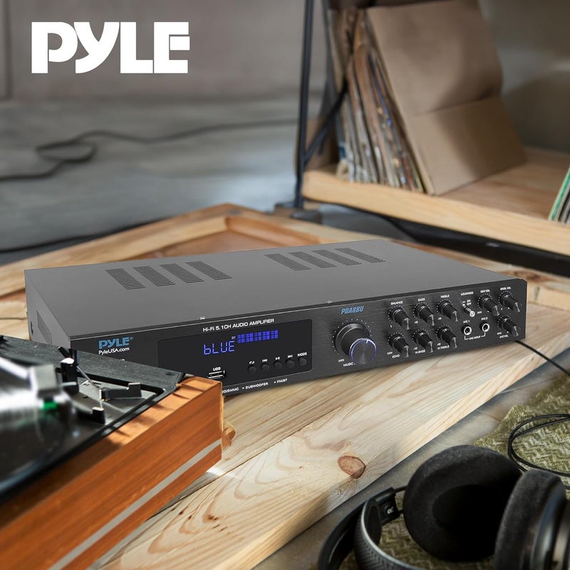 Pyle Bluetooth Audio Amplifier - Home Stereo Receiver with 5 Channels and Subwoofer Out - MP3/USB/SD - AUX - FM Radio - 2 Mic Inputs w/ Echo - VFD Display - Remote Control - PDA8BU - Image 2